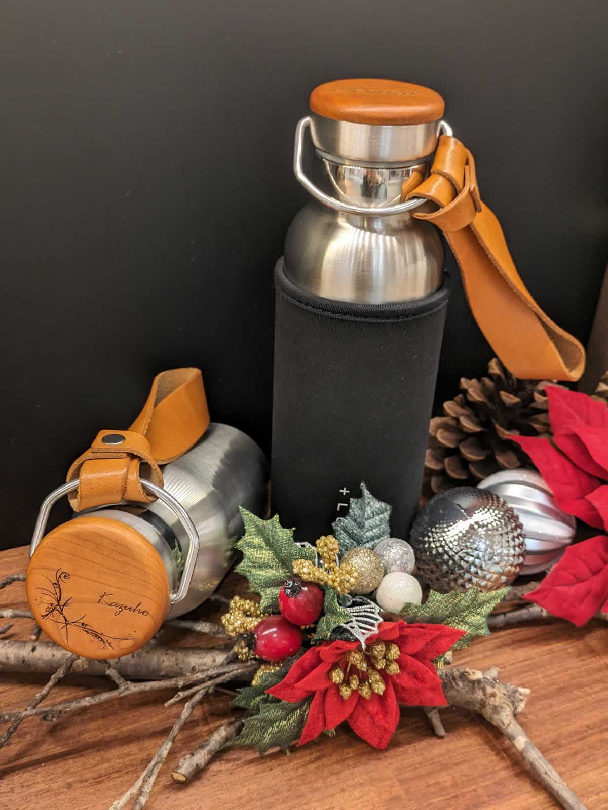 ステンレス素材に銘木をプラスした サーモボトル 350ml/600ml（水筒